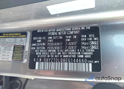 2014 Hyundai Santa Fe Sport 2.4L z USA, uszkodzony, nr VIN 5XYZTDLB8EG144660